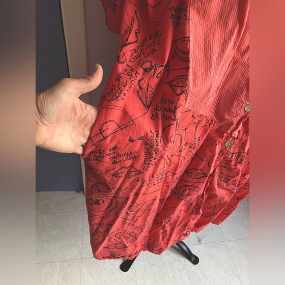 Frocella Coral Cotton Button-Up Dress with Black Print - One Size XL - Picture 5 of 10